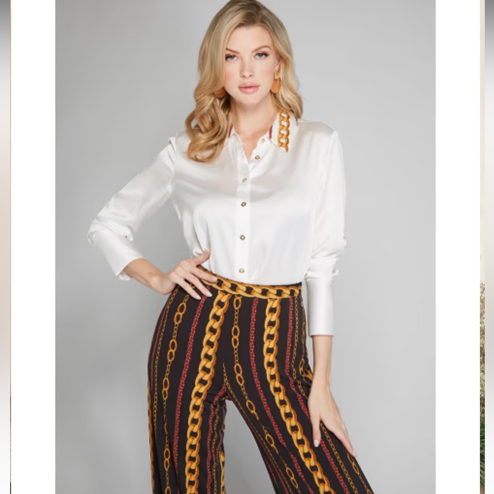 Marciano Chain Print Collar White Satin Blouse - Size L